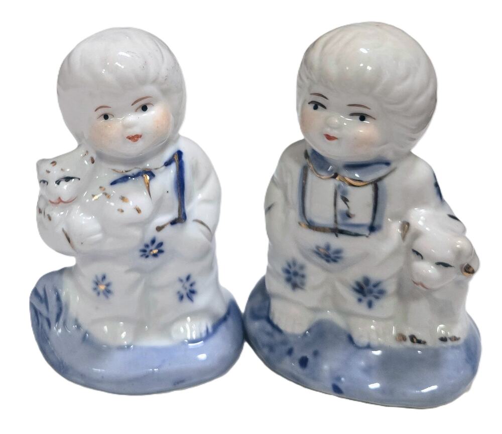 2-Vintage Porcelain Figurines Blue & White Boy w/Dog & Girl w/Cat Collectible